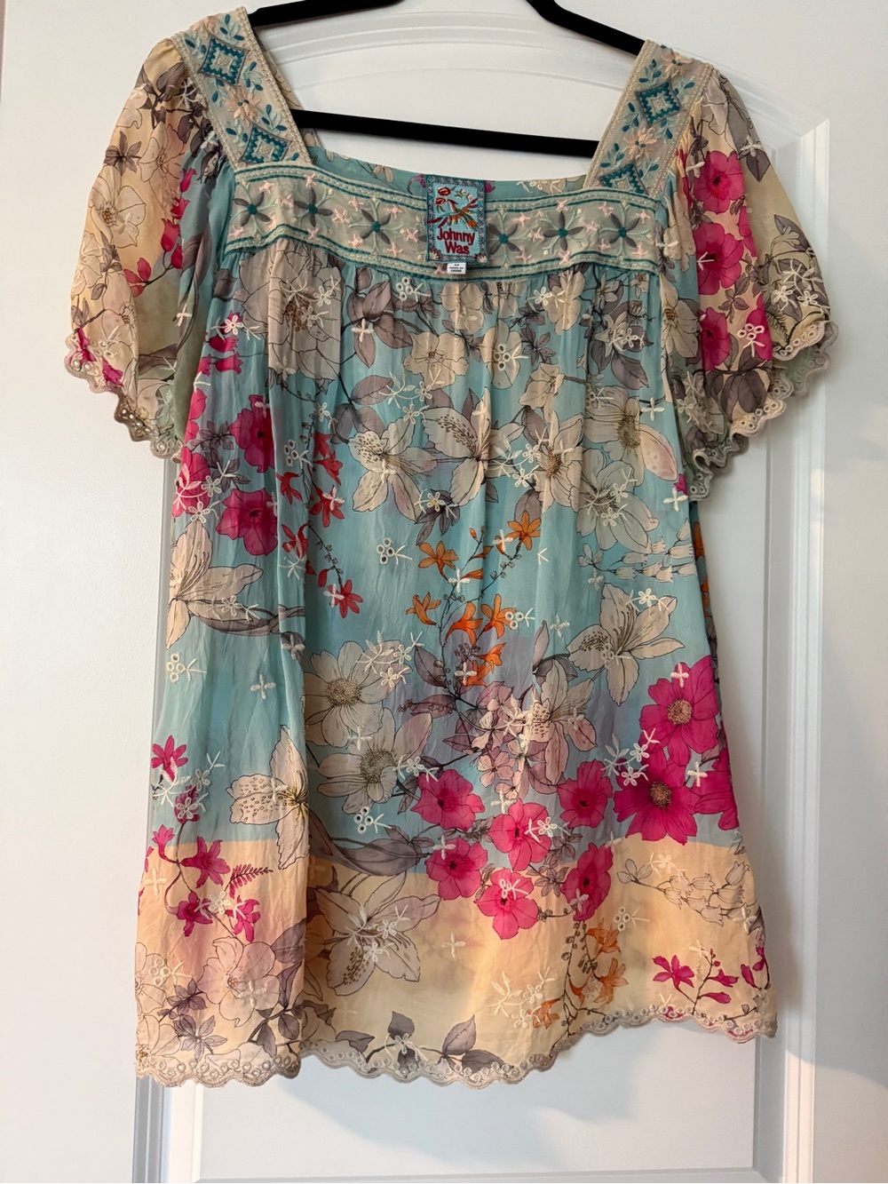 Beautiful Johnny Was Aqua and Pink Floral Square-Neck Embroidered Floral Tunic